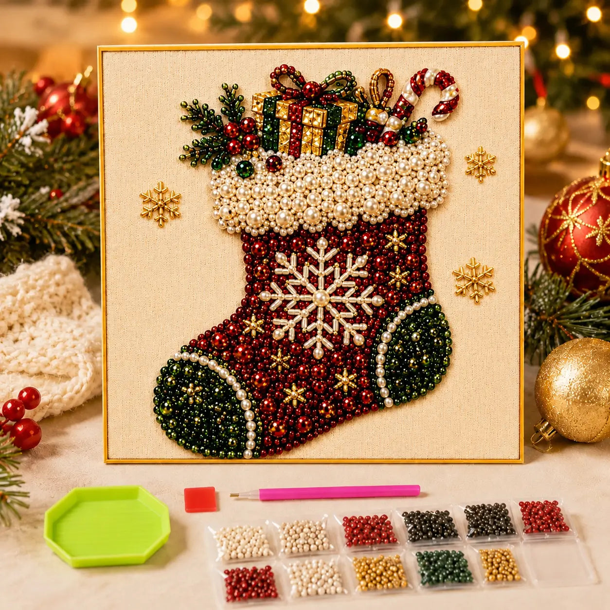 Frameless 3D Beaded Christmas Pearl Diamond Painting