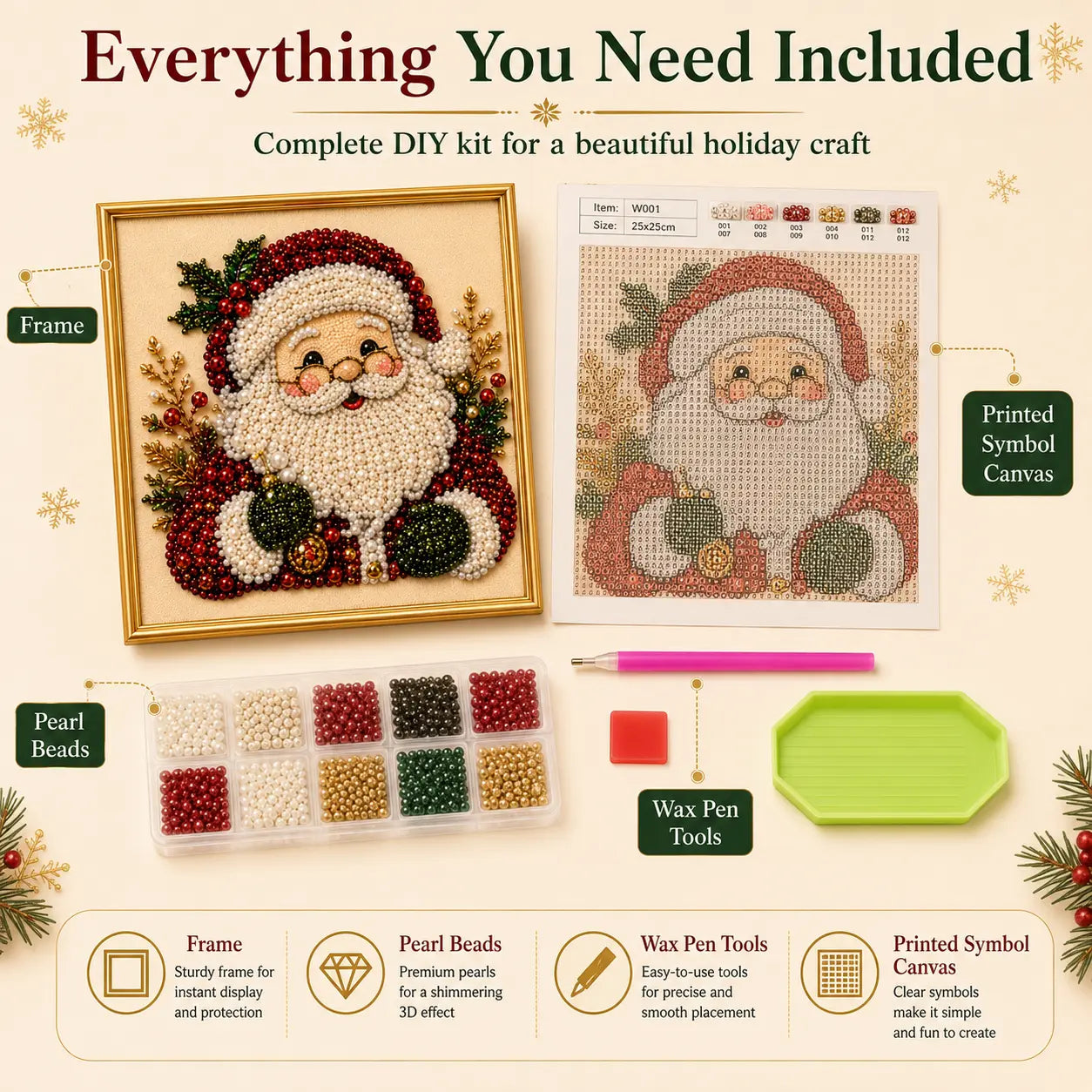 Frameless 3D Beaded Christmas Pearl Diamond Painting
