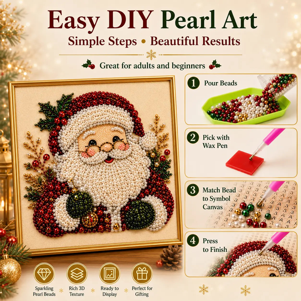 Frameless 3D Beaded Christmas Pearl Diamond Painting